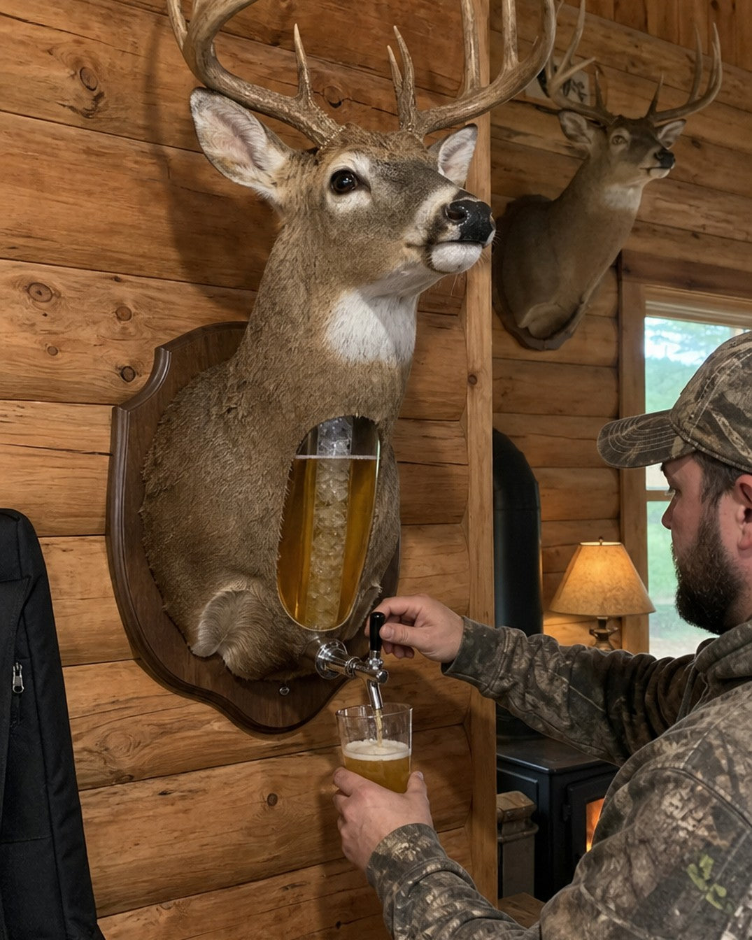 Buck Drink mounted on a log cabin wall with a beer being poured from the tap